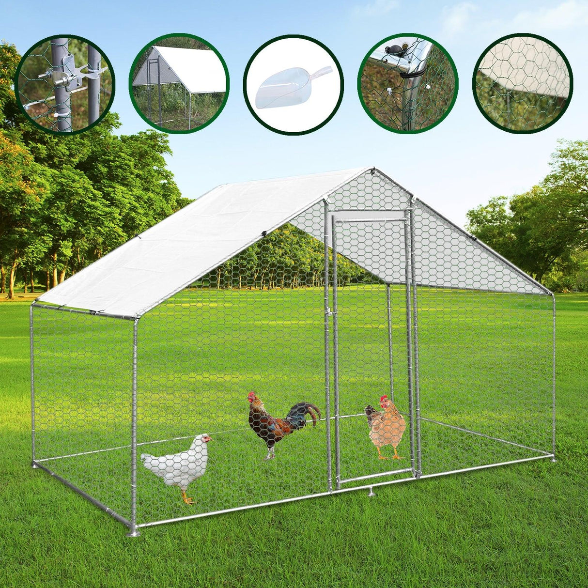 Spacious 3m x 2m x 2m chicken run with a sturdy metal frame, hexagonal wire mesh, and a weather-resistant roof, ideal for outdoor use