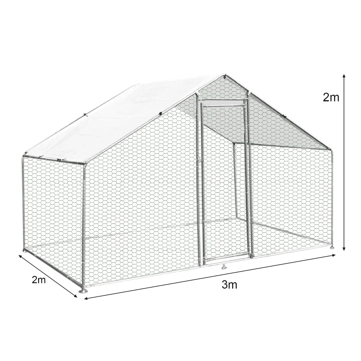Spacious 3m x 2m x 2m chicken run with a sturdy hexagonal wire frame, featuring a sloped roof and a secure entrance door