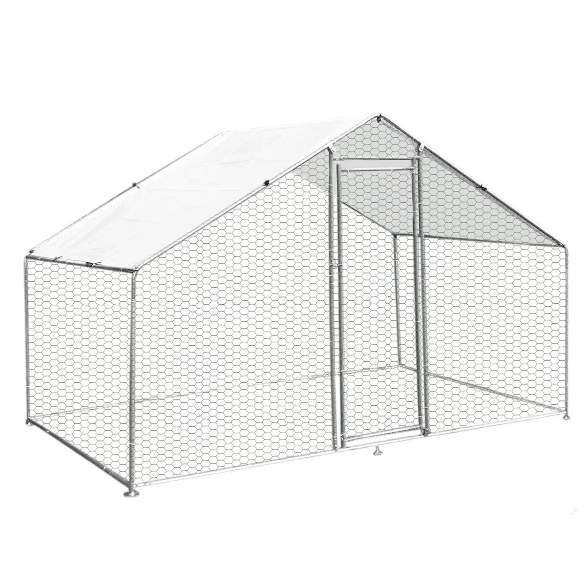 Spacious 3m x 2m x 2m chicken run with a sturdy hexagonal wire mesh design, featuring a sloped roof and secure entrance door