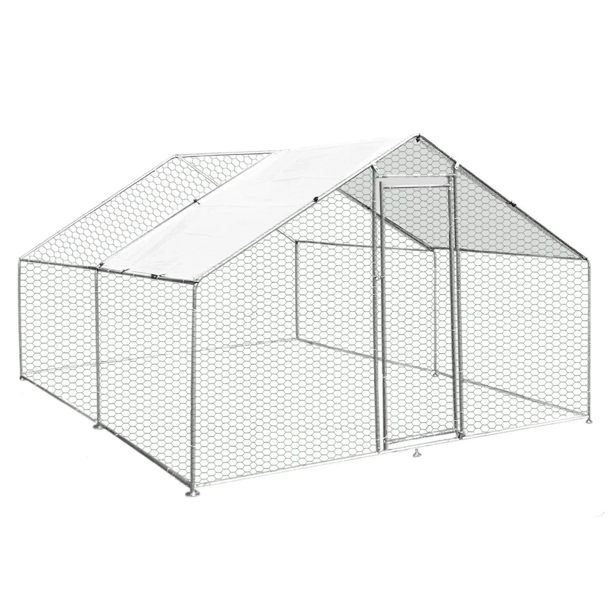 Spacious chicken run measuring 3m x 4m x 2m, featuring a sturdy hexagonal wire mesh, sloped roof, and secure access door