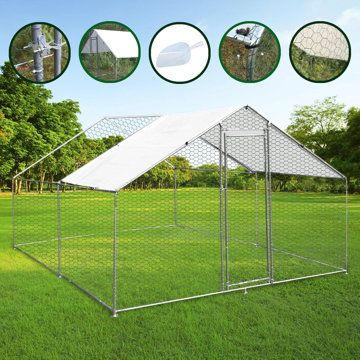 Spacious 3m x 4m x 2m chicken run with sturdy metal frame, hexagonal wire mesh, and a protective canopy, ideal for outdoor use