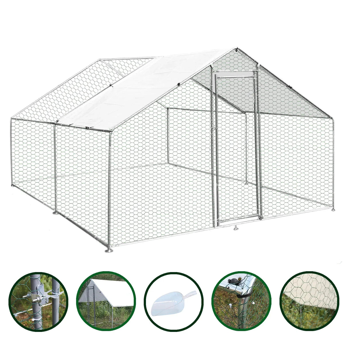 Spacious 3m x 4m x 2m chicken run with durable hexagonal wire mesh, featuring a sloped roof and secure access door for easy entry