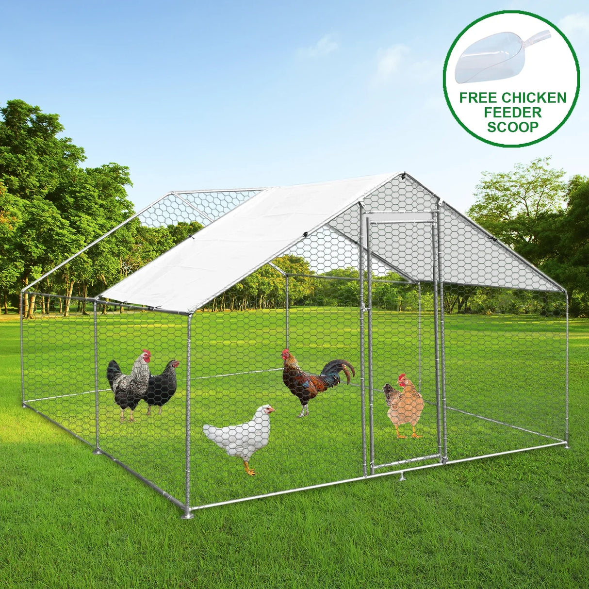 Spacious 3m x 4m x 2m chicken run with sturdy metal frame, hexagonal wire mesh, and a white waterproof roof, ideal for outdoor use