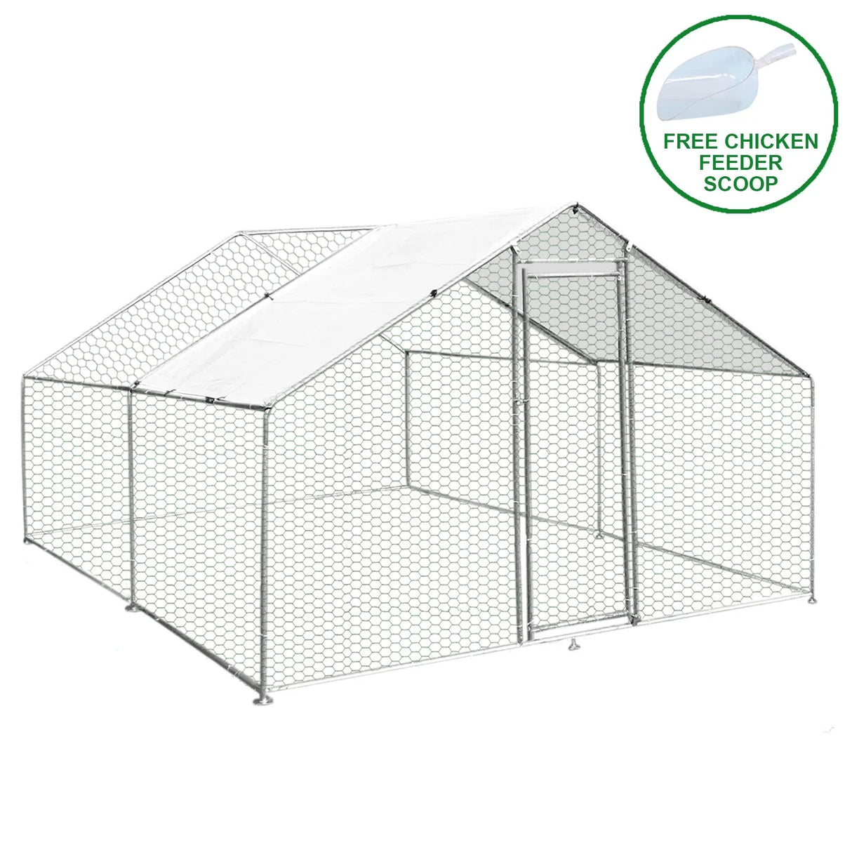 Spacious 3m x 4m x 2m chicken run with sturdy hexagonal wire mesh, sloped roof, and secure access door, includes free feeder scoop