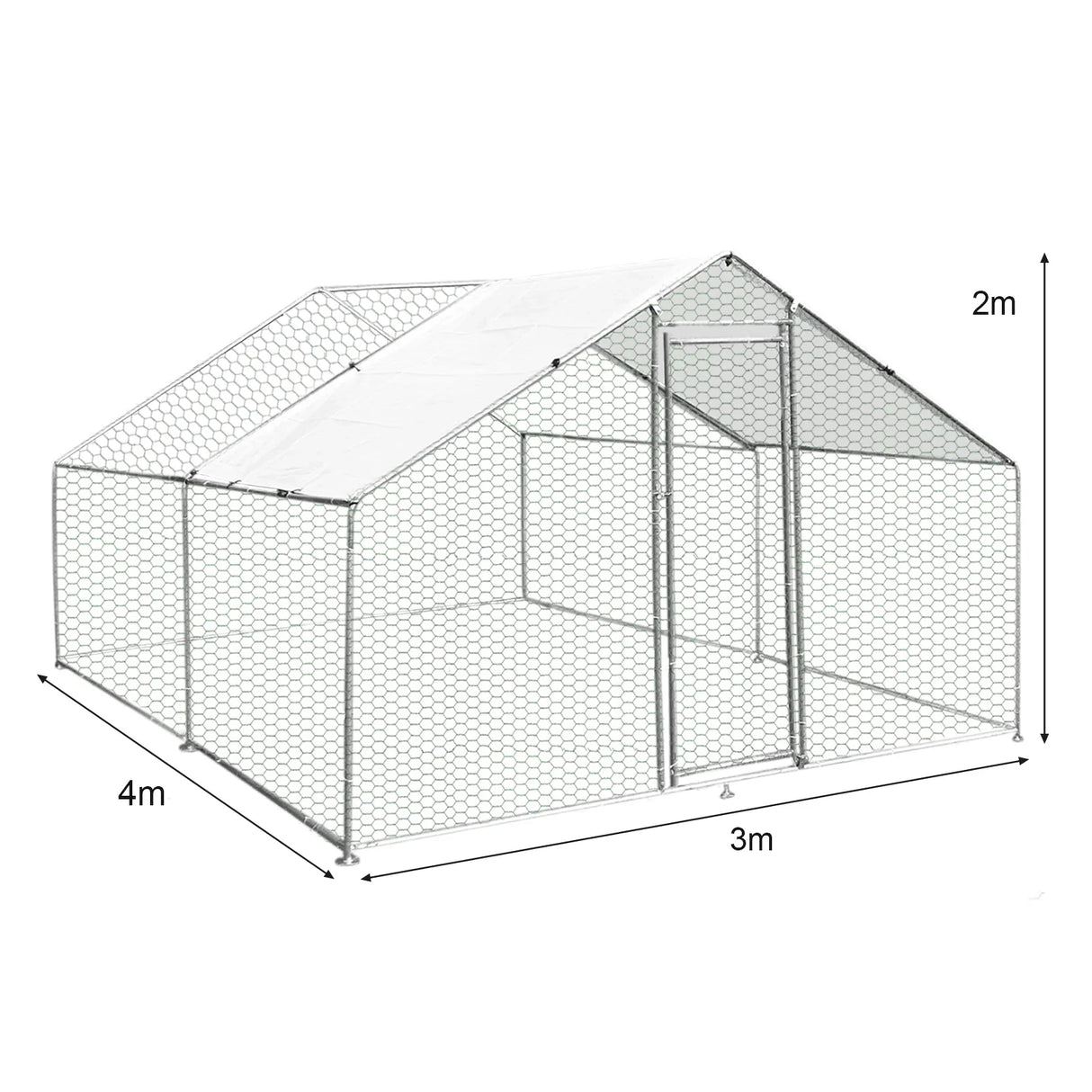 Spacious 3m x 4m x 2m chicken run with a sturdy metal frame, hexagonal wire mesh, and a weather-resistant roof for outdoor use