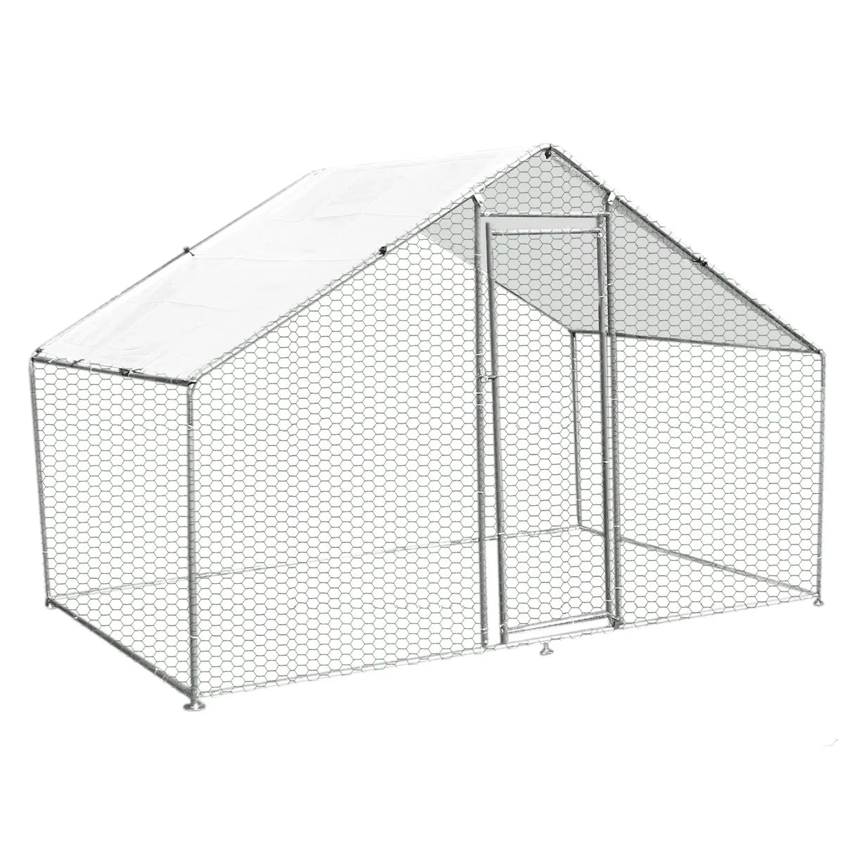 Spacious 4m x 2m x 2m chicken run with a sturdy hexagonal wire frame, covered roof, and a secure access door for easy entry