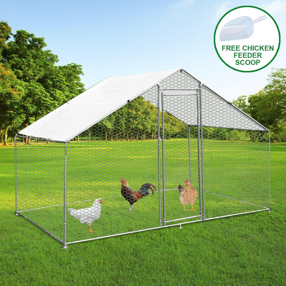Spacious 4m x 2m x 2m chicken run with a sturdy metal frame, hexagonal wire mesh, and a white waterproof roof, featuring four chickens inside