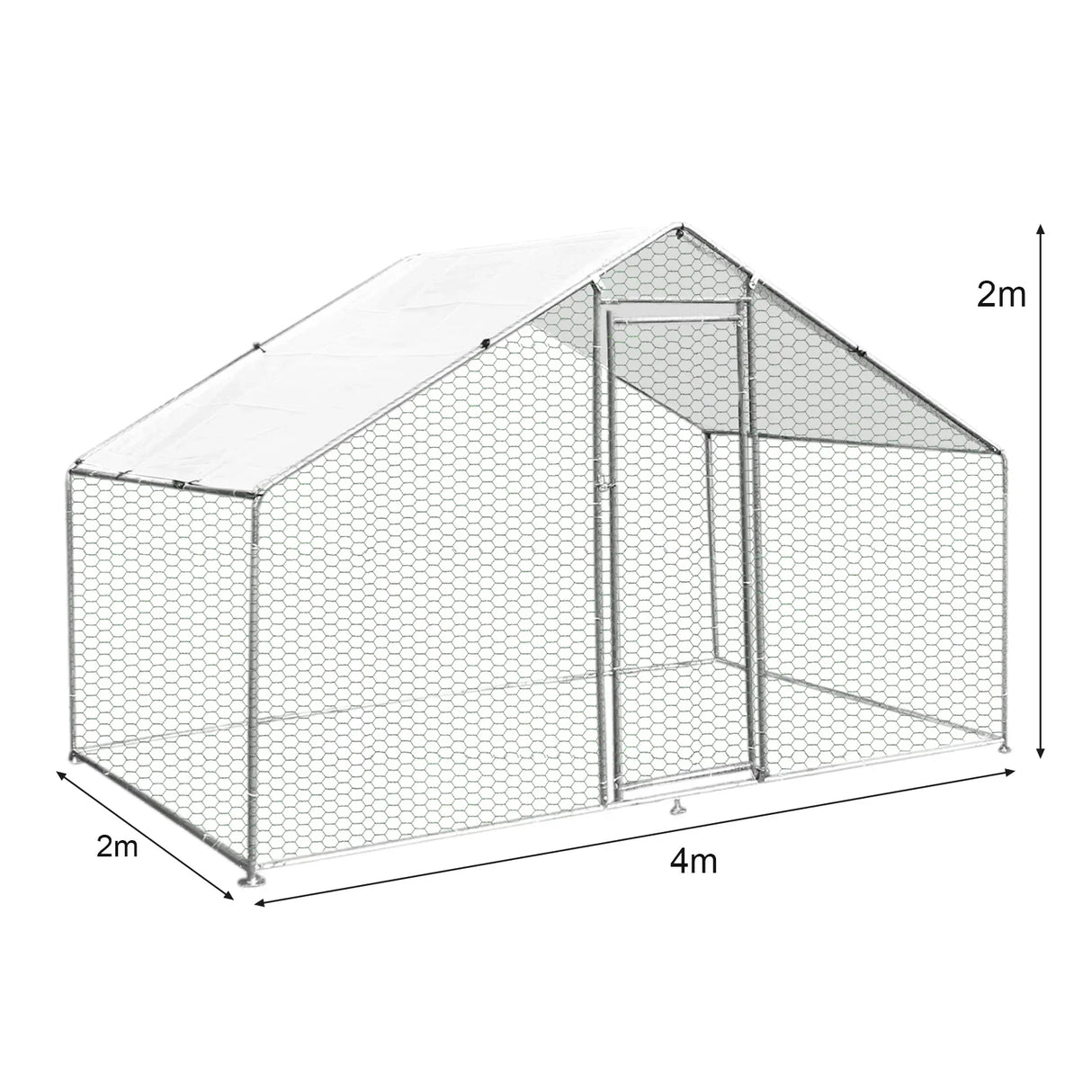 Spacious 4m x 2m x 2m chicken run with a sturdy metal frame, hexagonal mesh, and a protective roof for outdoor use