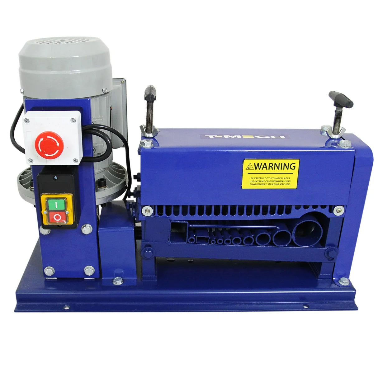 T-Mech Automatic Wire Stripper in blue with a silver motor, featuring control buttons and a warning label for safety