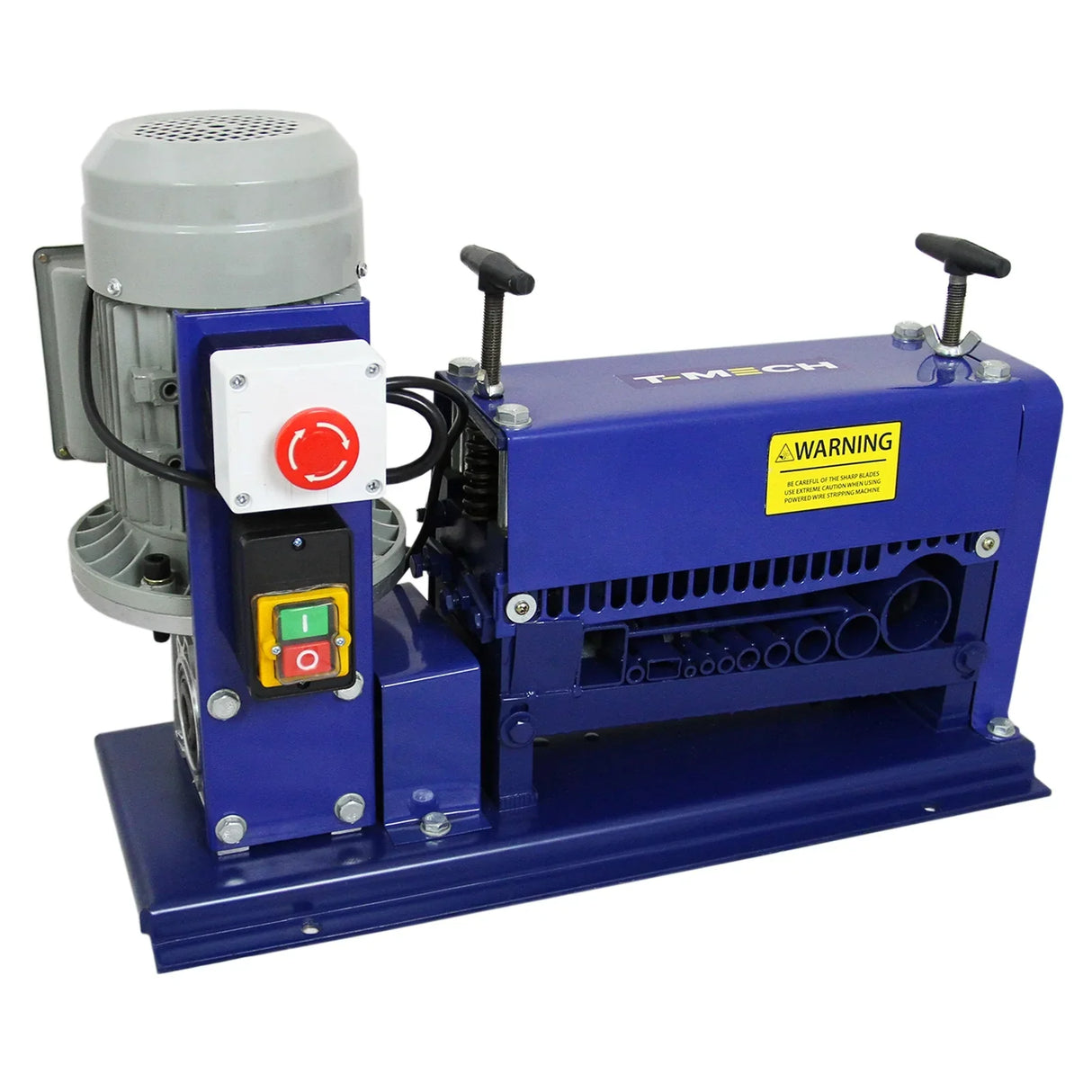 T-Mech Automatic Wire Stripper in blue with a powerful motor, featuring control buttons and a sturdy base for efficient wire stripping