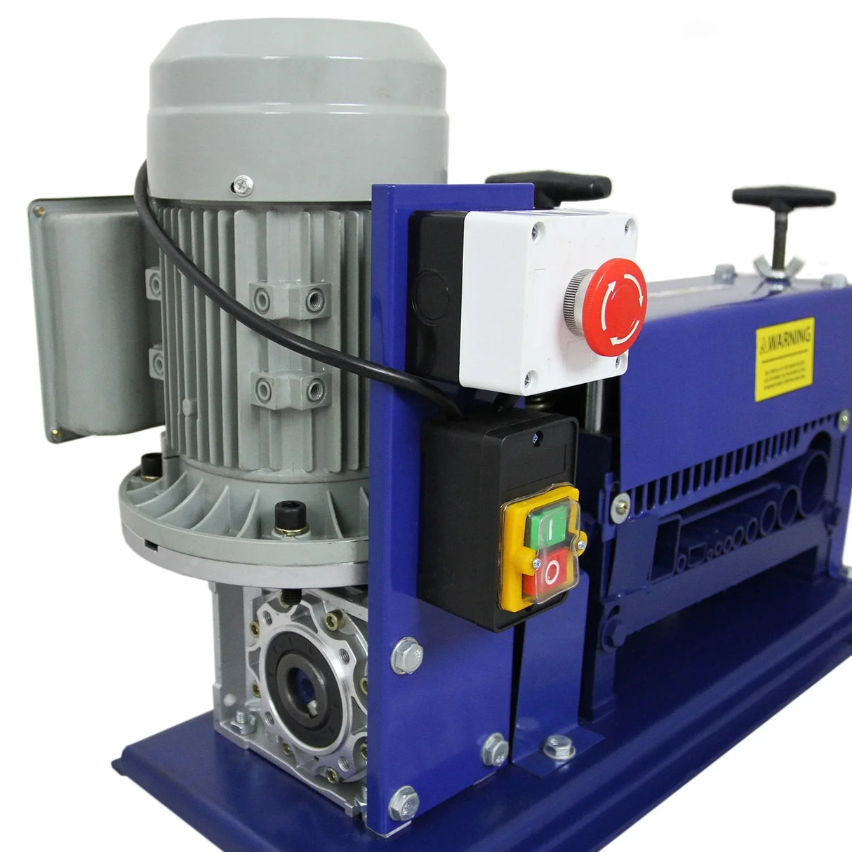 T-Mech Automatic Wire Stripper with a gray motor, blue body, and control panel, designed for efficient wire stripping up to 38mm