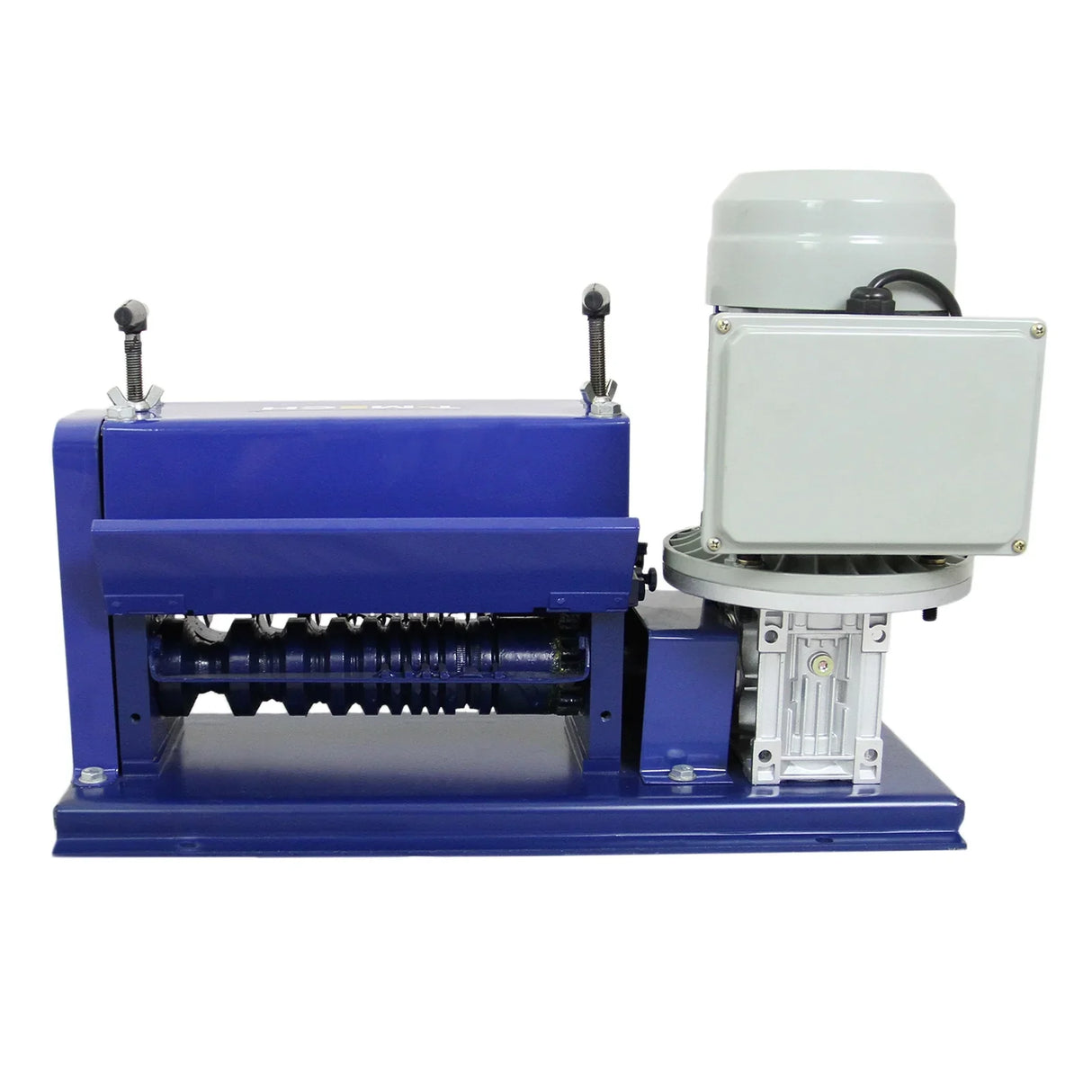 T-Mech Automatic Wire Stripper in blue, featuring a robust motor, adjustable feed, and durable metal construction for efficient wire stripping
