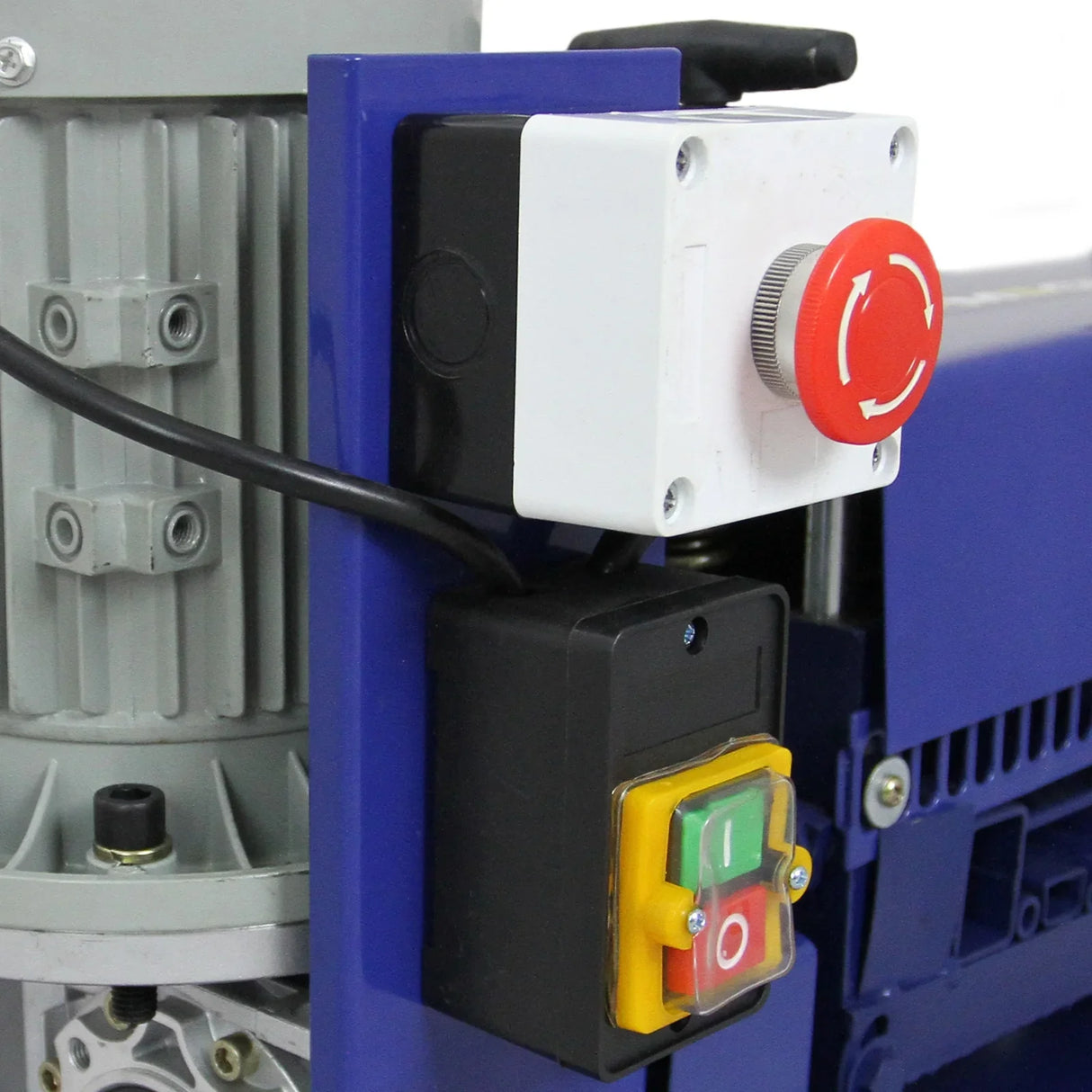 Control panel of T-Mech Automatic Wire Stripper featuring a red emergency stop button and color-coded operation buttons for easy use