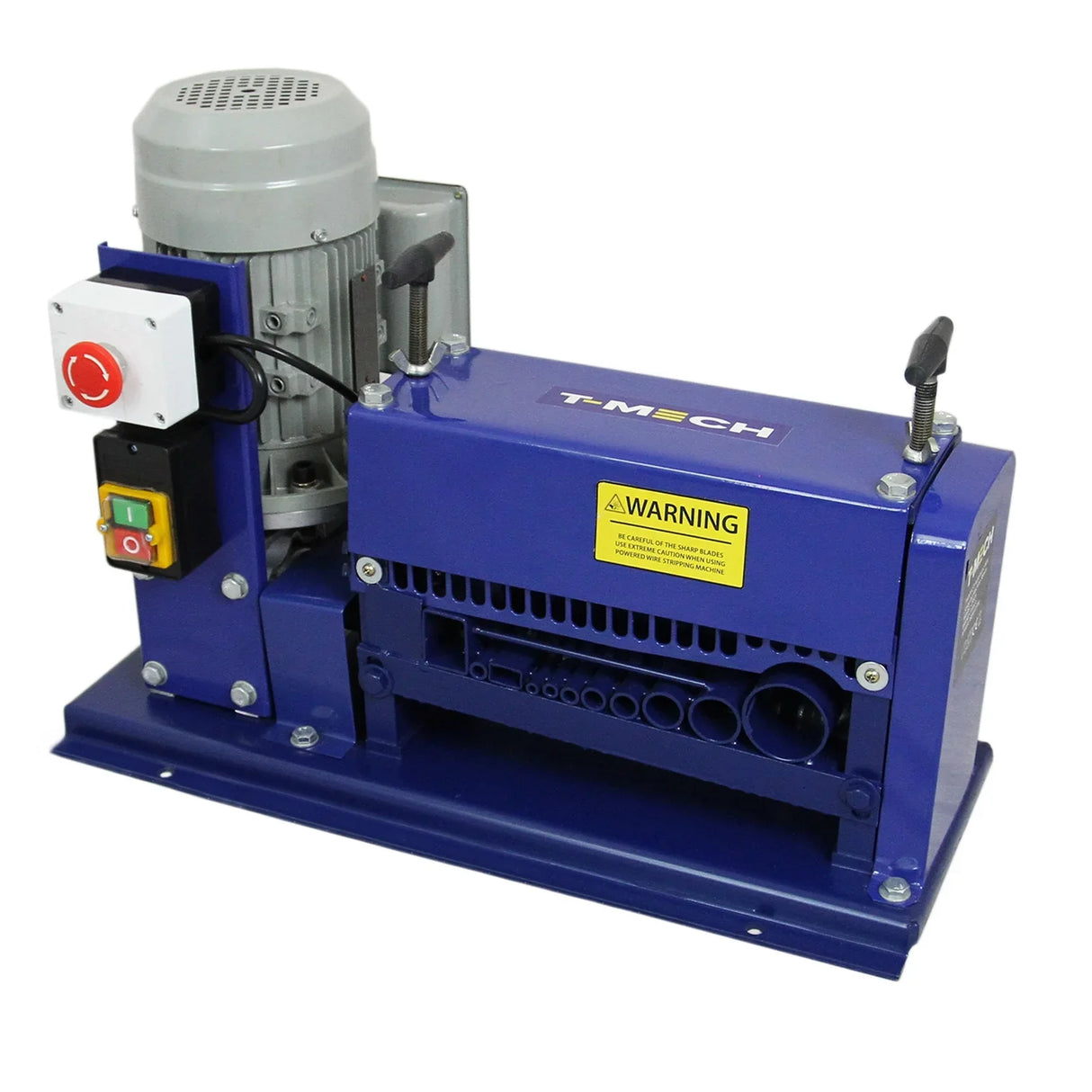 T-Mech Automatic Wire Stripper in blue with a motor, control panel, and warning label, designed for efficient wire stripping up to 38mm