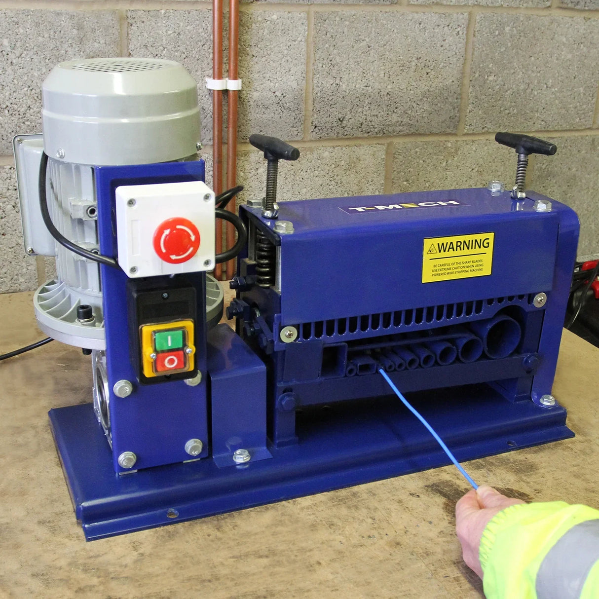 T-Mech Automatic Wire Stripper in blue, featuring a robust design, motorized mechanism, and user-friendly controls for efficient wire stripping