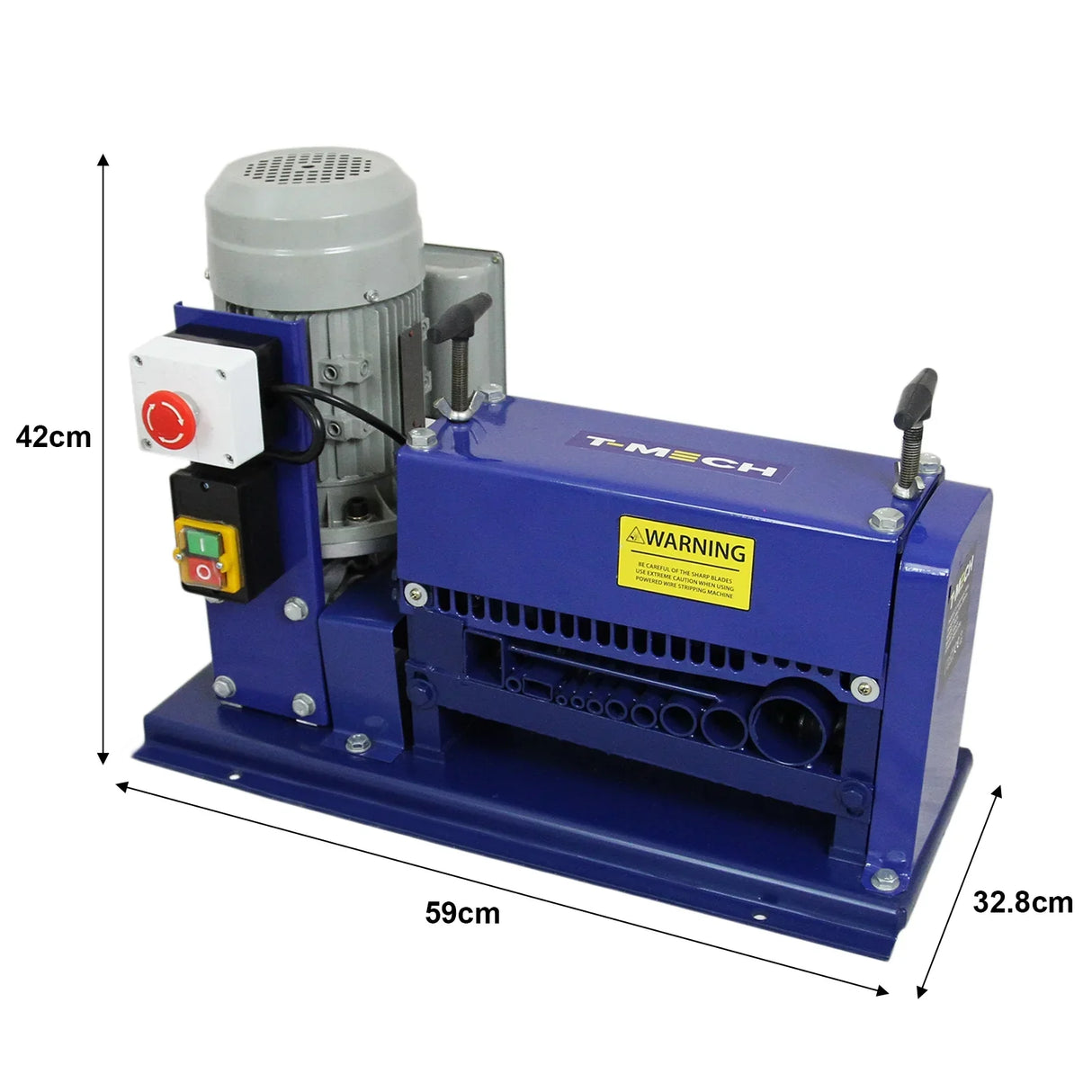 T-Mech Automatic Wire Stripper in blue, featuring a powerful motor, adjustable settings, and a sturdy metal base for stability
