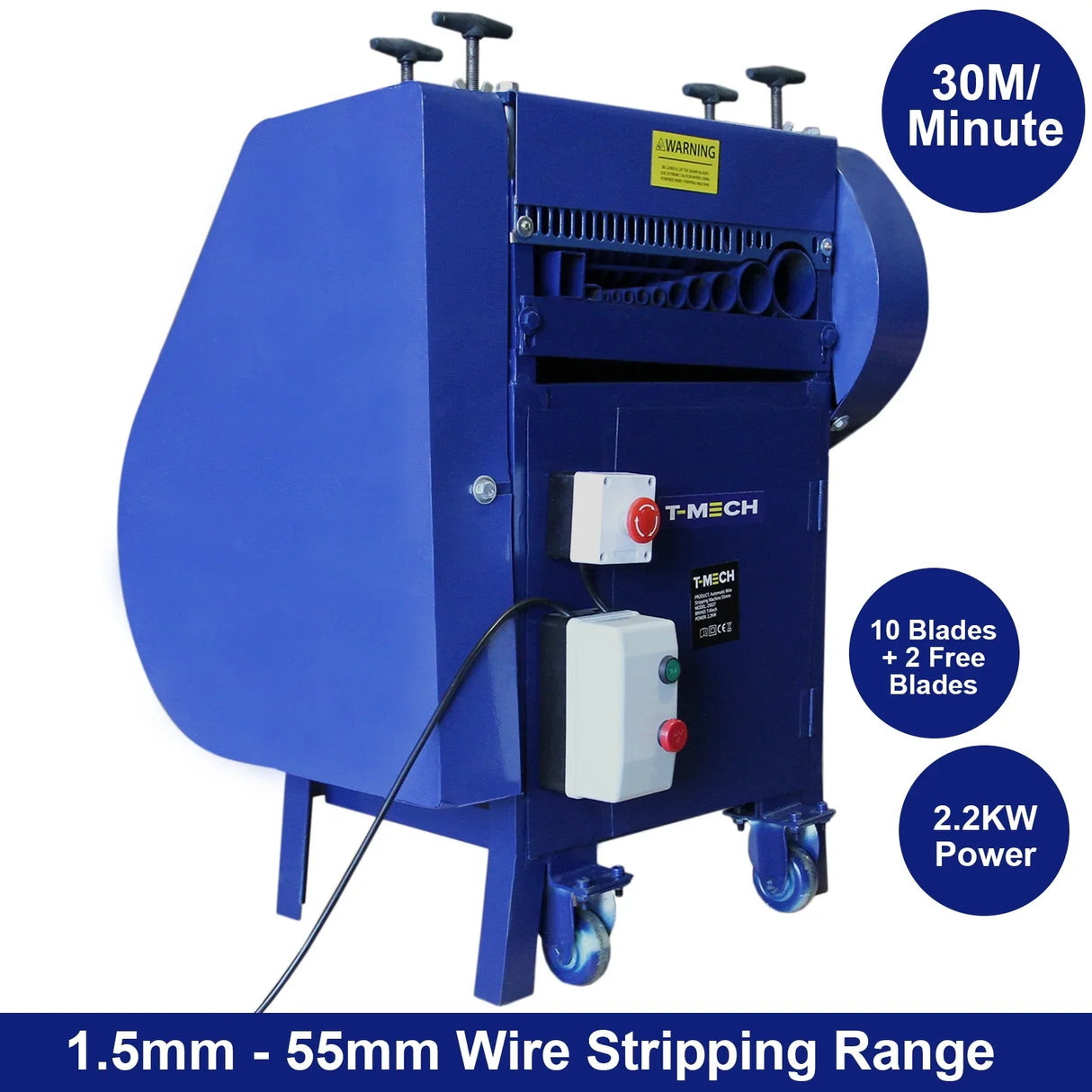 T-Mech Automatic Wire Stripper in blue, featuring a 2.2KW motor, capable of stripping wires from 1.5mm to 55mm at 30M per minute
