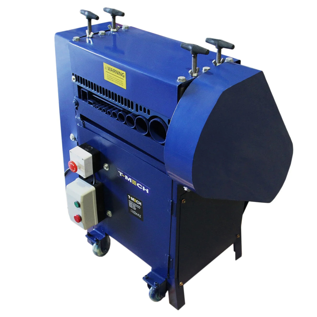 T-Mech Automatic Wire Stripper in blue with a sturdy design, featuring adjustable clamps and control buttons for easy wire stripping