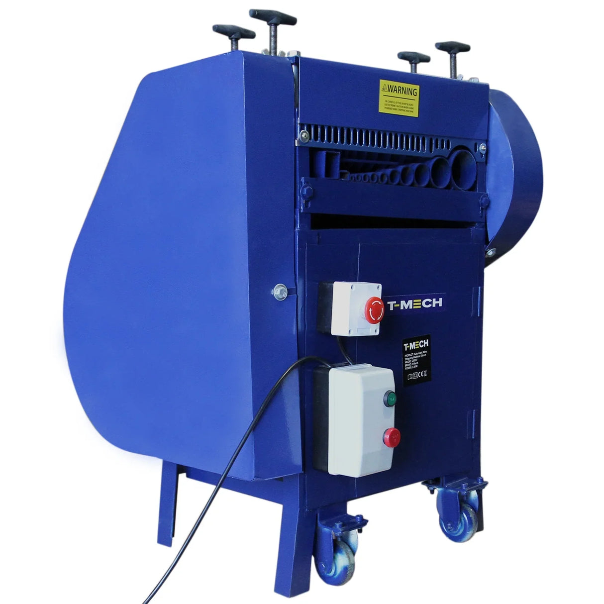 T-Mech Automatic Wire Stripper in blue, featuring a sturdy design, control panel, and wheels for easy mobility, ideal for efficient wire stripping