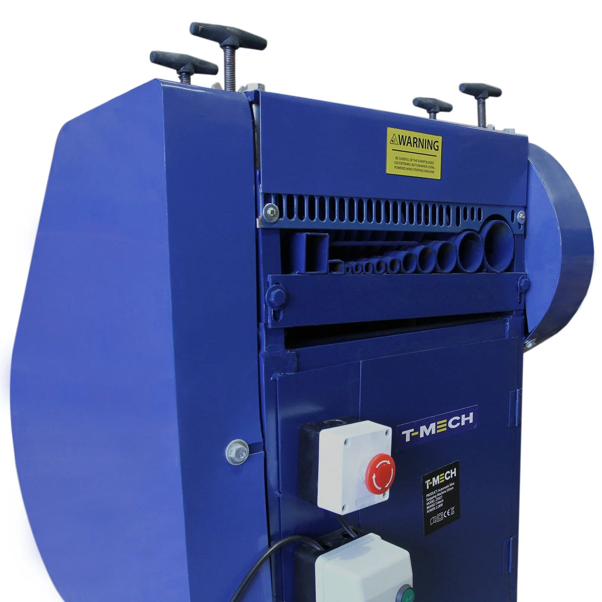 T-Mech Automatic Wire Stripper in blue, featuring adjustable rollers, control buttons, and a sturdy metal frame for efficient wire stripping