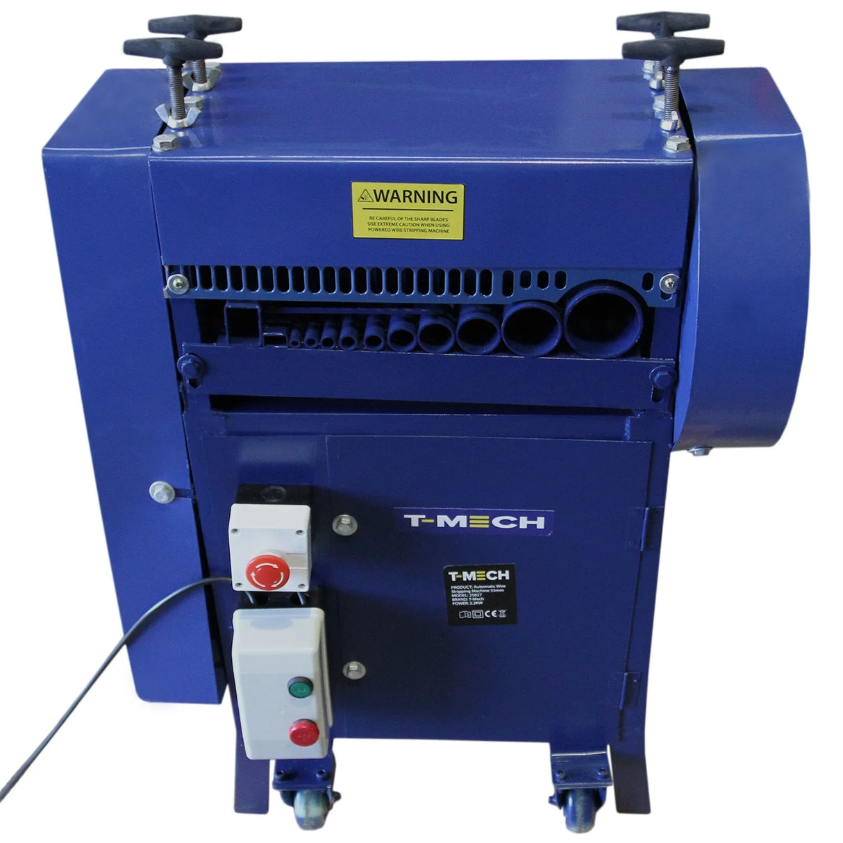 T-Mech Automatic Wire Stripper in blue, featuring adjustable feed rollers, control panel, and safety warning label on the back
