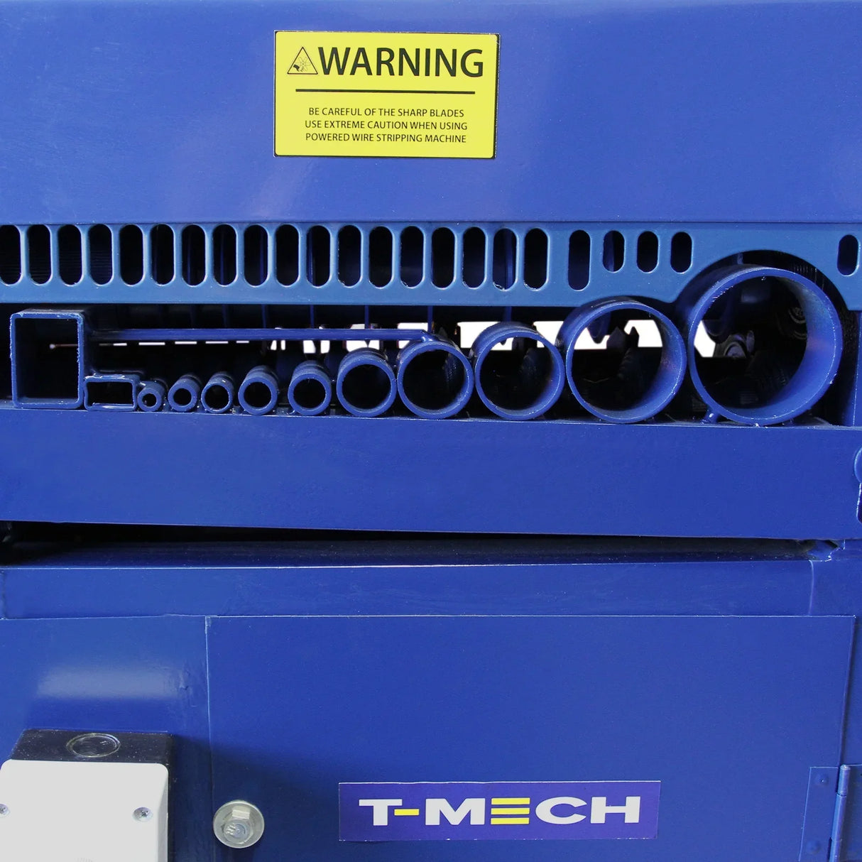 T-Mech Automatic Wire Stripper features a blue metal casing with multiple circular wire gauge openings and a warning label for safety