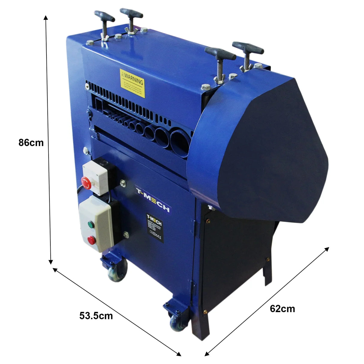 T-Mech Automatic Wire Stripper in blue, featuring adjustable rollers, control panel, and sturdy design for efficient wire processing