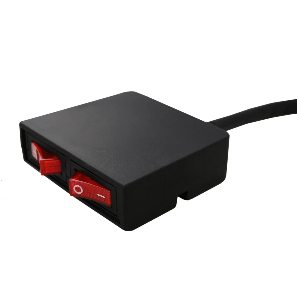 Black control box for Amber Recovery Light 1200mm featuring two red switches for easy operation and durable design
