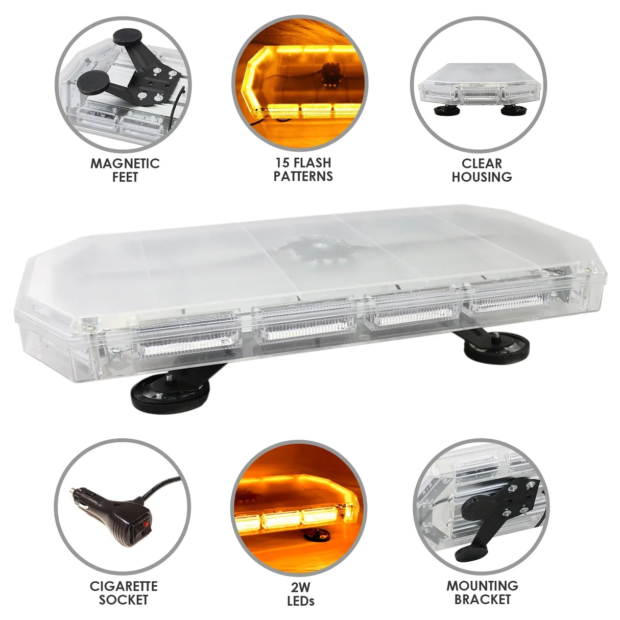 Amber Recovery Light 600mm with clear housing, magnetic feet, 15 flash patterns, and included mounting bracket and cigarette socket