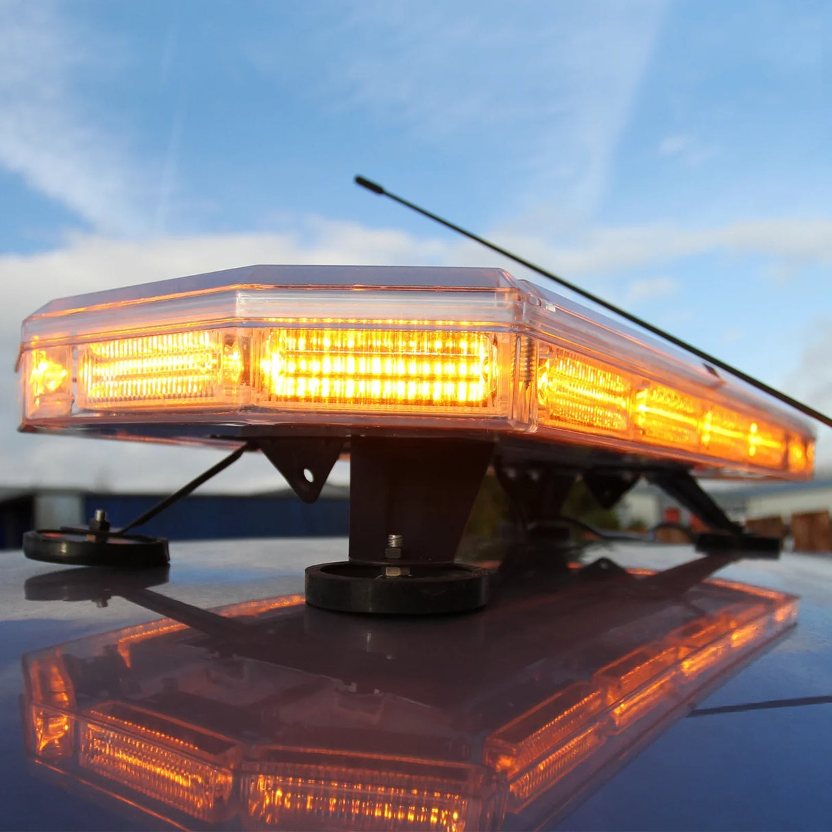 Amber Recovery Light 600mm with bright amber LEDs, mounted on a vehicle, showcasing a clear lens and sturdy base for visibility