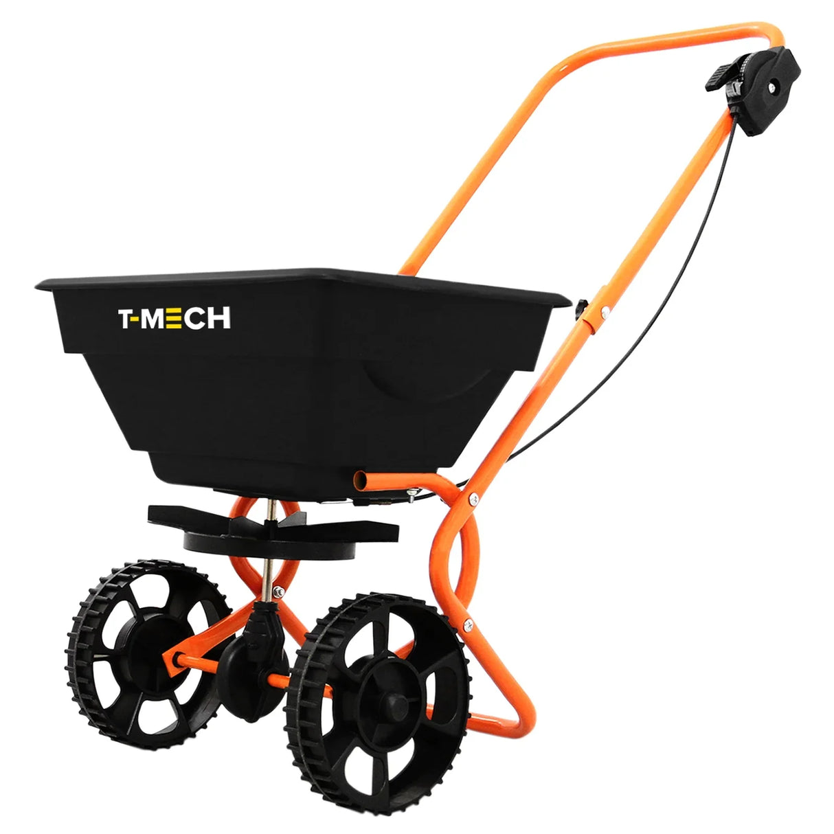 T-Mech Rotary Spreader with a black hopper, orange frame, and sturdy wheels, ideal for even seed and fertilizer distribution