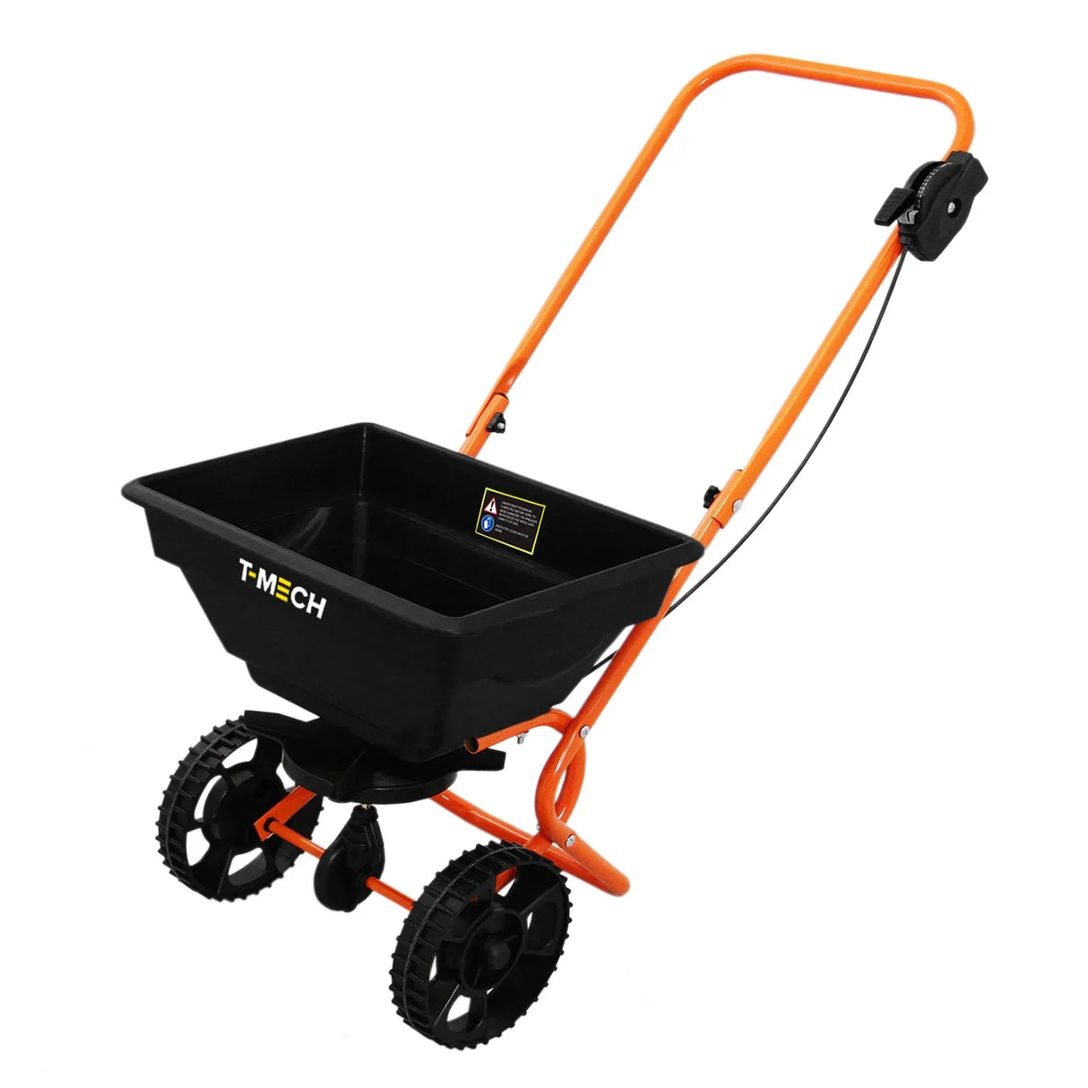 T-Mech Rotary Spreader with a black hopper, orange handle, and sturdy wheels, ideal for even seed and fertilizer distribution