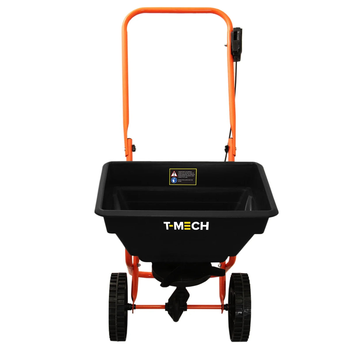 T-Mech Rotary Spreader with a sturdy black hopper, orange handle, and large wheels for easy maneuverability in gardens and lawns