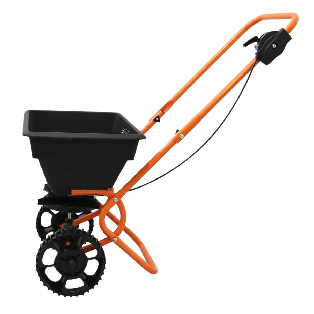 T-Mech Rotary Spreader with a black hopper, orange metal frame, and large wheels for easy maneuverability in gardens