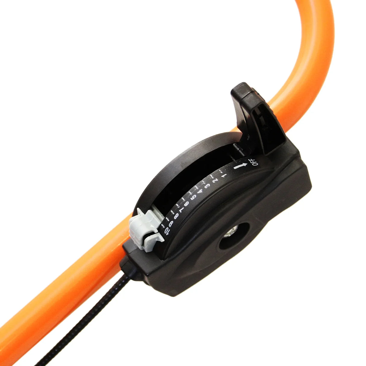 T-Mech Rotary Spreader features an adjustable dial, bright orange handle, and durable black base for precise lawn care application