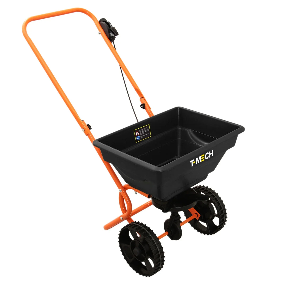 T-Mech Rotary Spreader with a black hopper, orange handle, and sturdy wheels, designed for even seed and fertilizer distribution