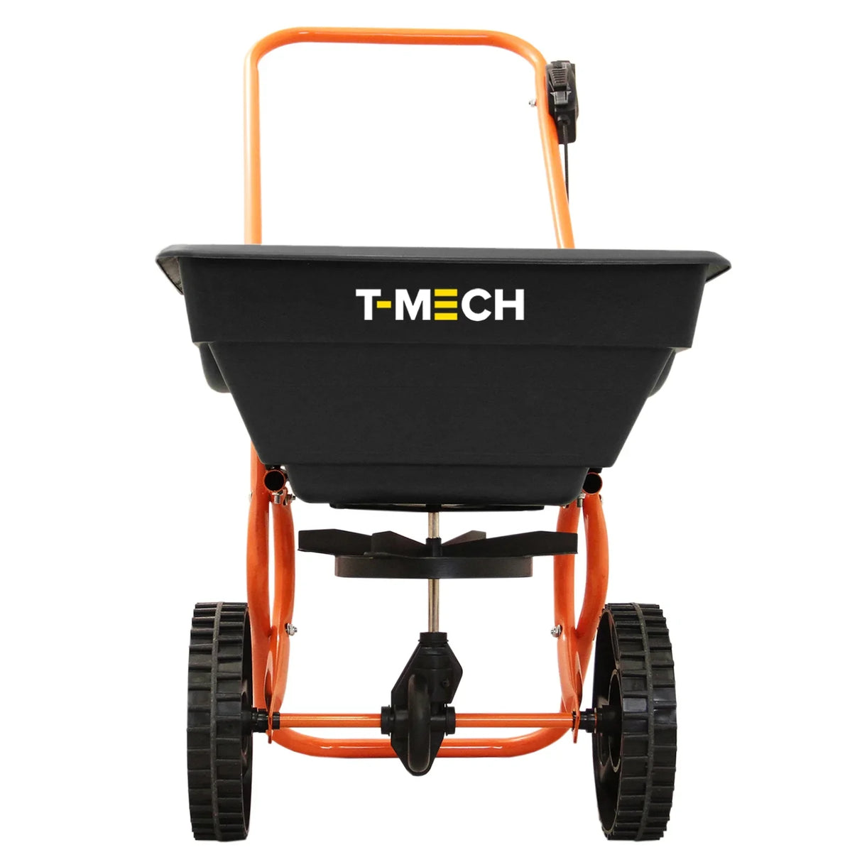 T-Mech Rotary Spreader with a sturdy black hopper, orange frame, and large wheels for easy maneuverability in gardens or lawns