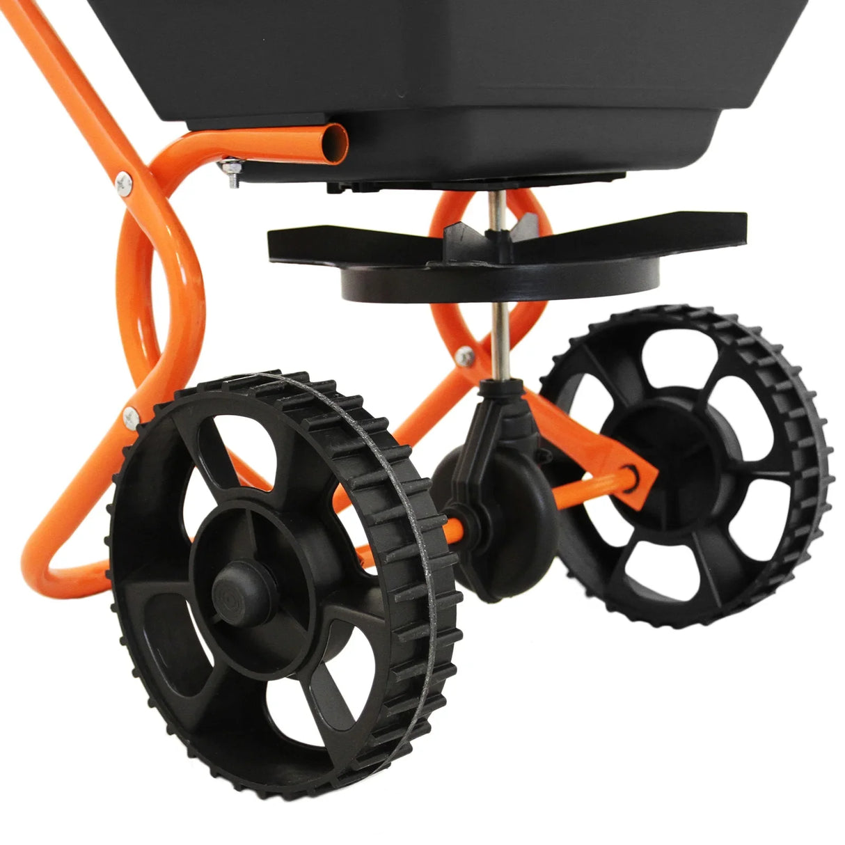 T-Mech Rotary Spreader features a sturdy black hopper, orange frame, and durable black wheels for easy maneuverability on various terrains