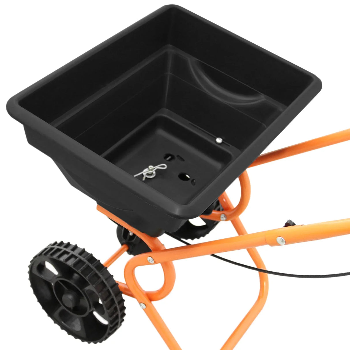 T-Mech Rotary Spreader with a sturdy black plastic hopper, orange metal frame, and large wheels for easy maneuverability
