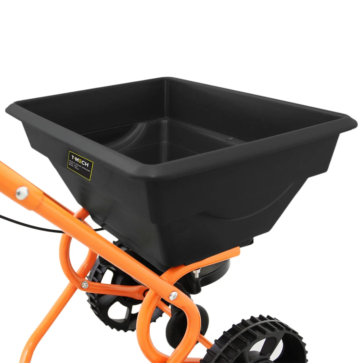 T-Mech Rotary Spreader with a sturdy black plastic hopper, orange frame, and large wheels for easy maneuverability in gardens