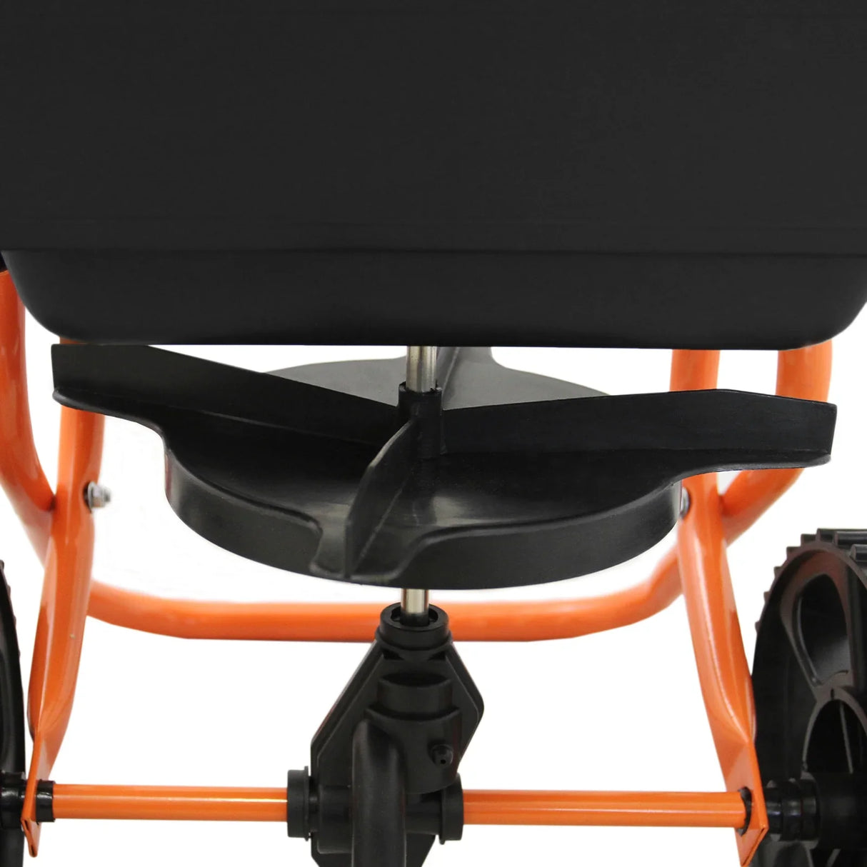 T-Mech Rotary Spreader with durable black plastic hopper, orange frame, and adjustable spreader plate for even distribution