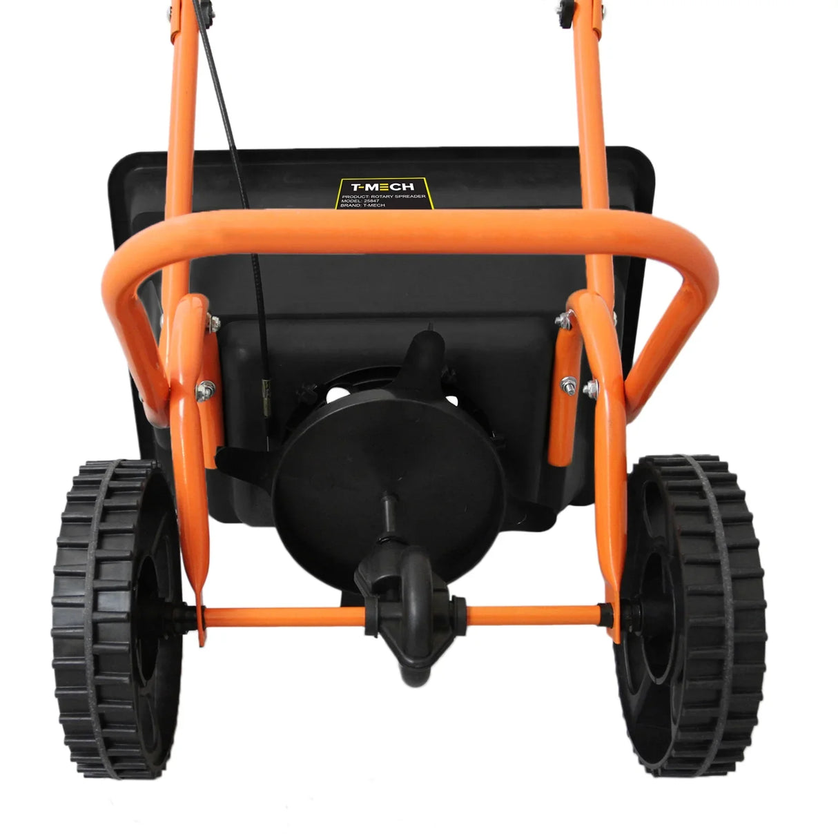 T-Mech Rotary Spreader with a sturdy black hopper, orange frame, and durable rubber wheels for easy maneuverability in gardens