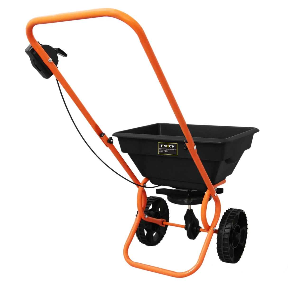 T-Mech Rotary Spreader with a sturdy black hopper, bright orange frame, and large wheels for easy maneuverability in gardens