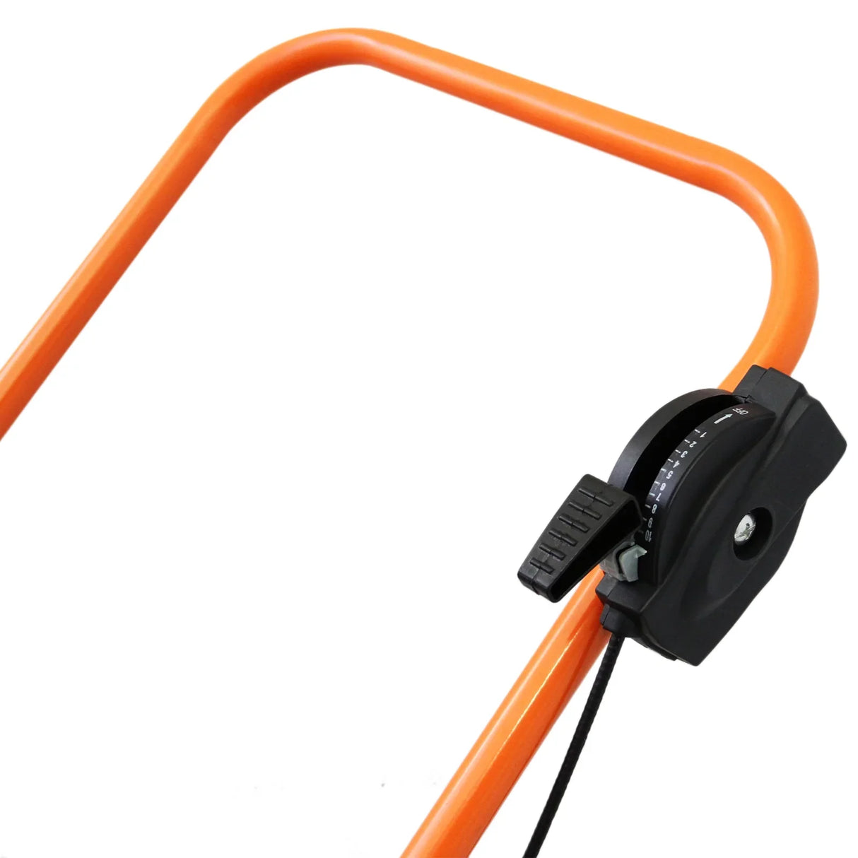 T-Mech Rotary Spreader features a sturdy orange frame, adjustable dial, and durable black control mechanism for precise spreading