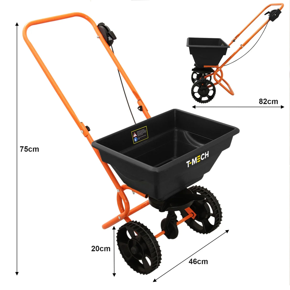 T-Mech Rotary Spreader with a black hopper, orange frame, and sturdy wheels, measuring 82cm tall and 46cm wide for easy lawn care