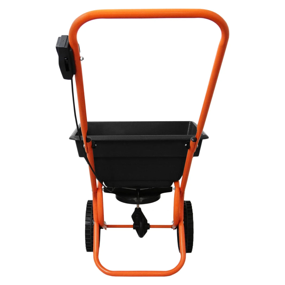 T-Mech Rotary Spreader with a sturdy black hopper, orange frame, and large wheels for easy maneuverability in gardens