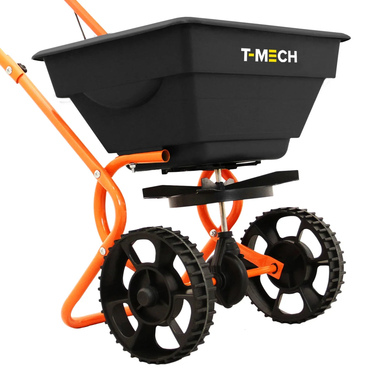 T-Mech Rotary Spreader with a black hopper, orange frame, and sturdy wheels, designed for even seed and fertilizer distribution
