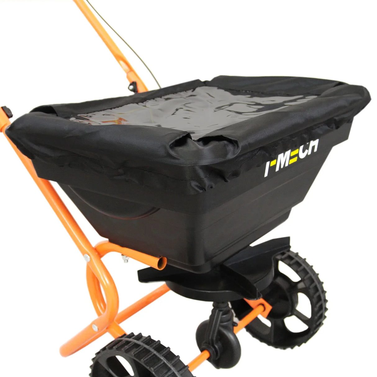 T-Mech Rotary Spreader with a black hopper, orange frame, and large wheels, designed for even seed and fertilizer distribution