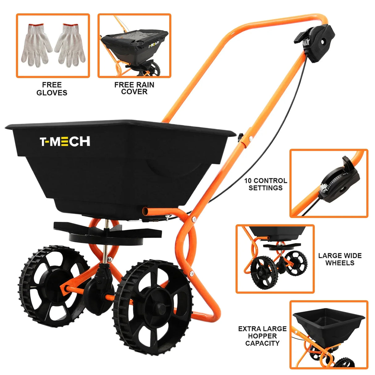 T-Mech Rotary Spreader with a black hopper, orange frame, large wheels, and 10 control settings for easy lawn care and gardening