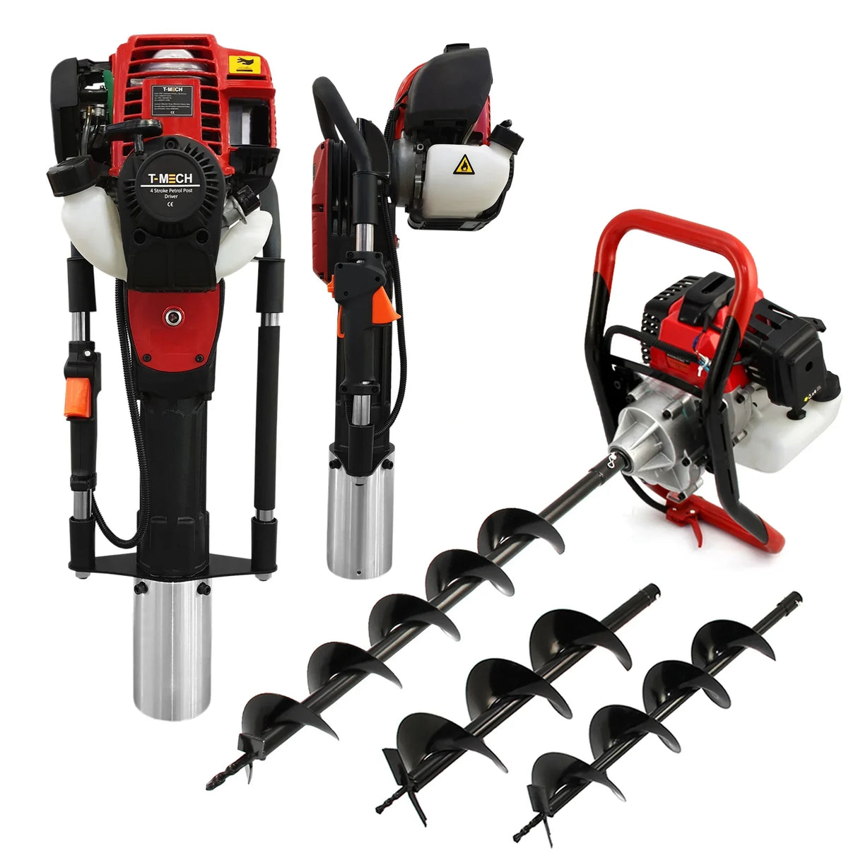 Powerful Earth Auger and 4 Stroke Post Driver with red and black design, featuring multiple drill bits for various soil types